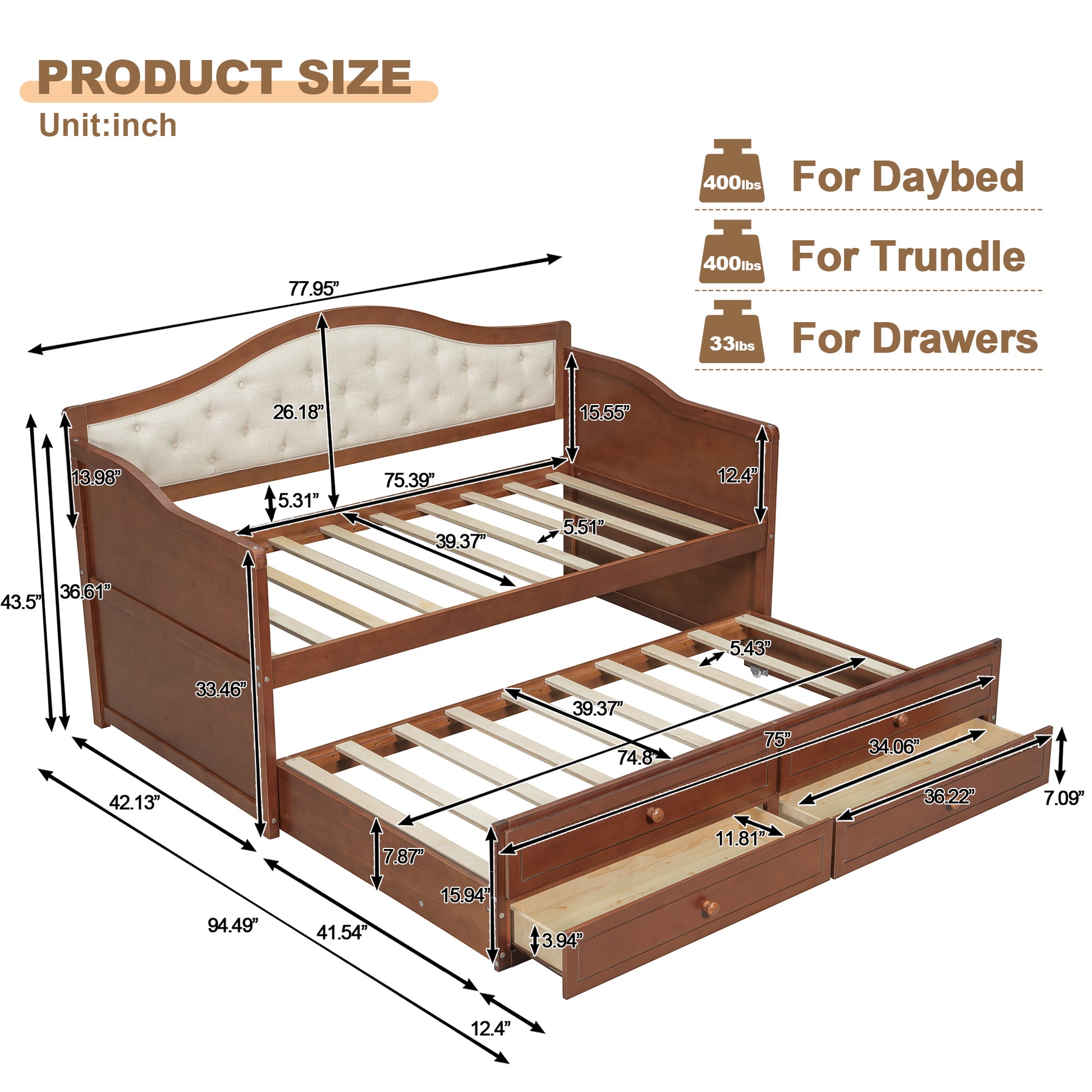 Twin Daybed with Trundle, Twin Size Daybed with 2 Storage Drawers, Wooden Sofa Bed with Upholstered Button Tufted Backrest for Living Room, Bedroom, Guest Room,Walnut Daybeds