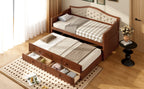 Twin Daybed with Trundle, Twin Size Daybed with 2 Storage Drawers, Wooden Sofa Bed with Upholstered Button Tufted Backrest for Living Room, Bedroom, Guest Room,Walnut Daybeds