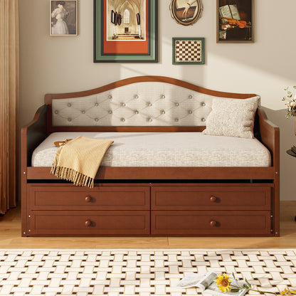 Twin Daybed with Trundle, Twin Size Daybed with 2 Storage Drawers, Wooden Sofa Bed with Upholstered Button Tufted Backrest for Living Room, Bedroom, Guest Room,Walnut Daybeds