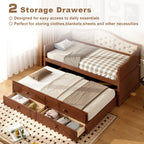 Twin Daybed with Trundle, Twin Size Daybed with 2 Storage Drawers, Wooden Sofa Bed with Upholstered Button Tufted Backrest for Living Room, Bedroom, Guest Room,Walnut Daybeds