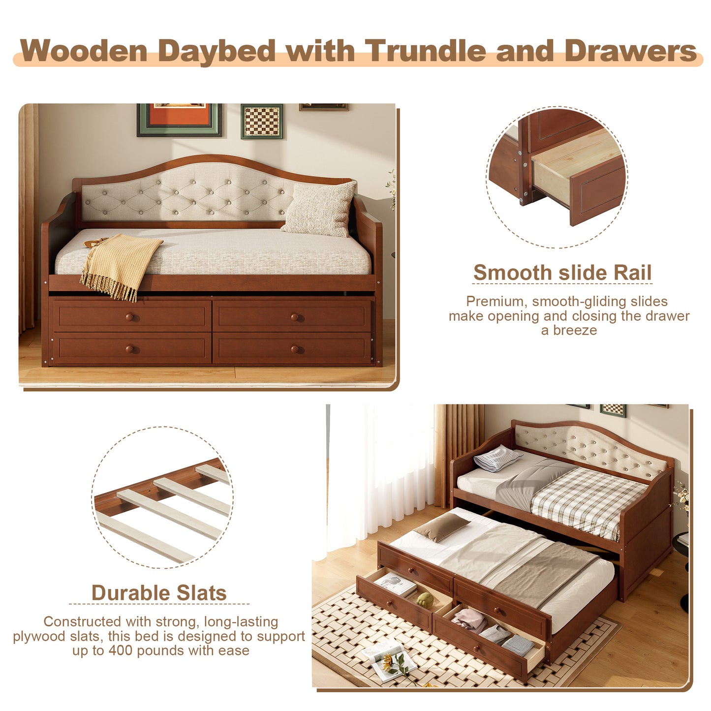 Twin Daybed with Trundle, Twin Size Daybed with 2 Storage Drawers, Wooden Sofa Bed with Upholstered Button Tufted Backrest for Living Room, Bedroom, Guest Room,Walnut Daybeds