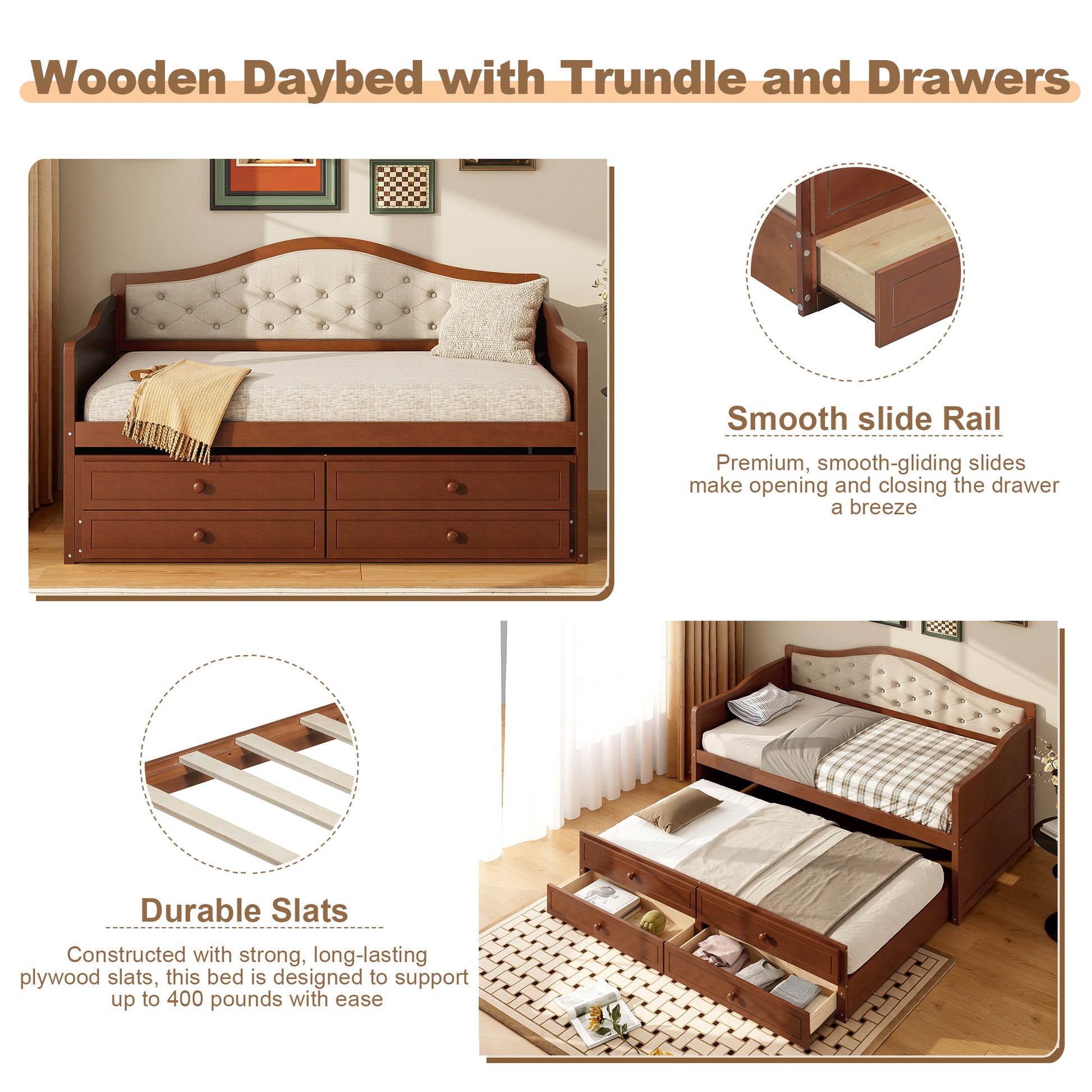 Twin Daybed with Trundle, Twin Size Daybed with 2 Storage Drawers, Wooden Sofa Bed with Upholstered Button Tufted Backrest for Living Room, Bedroom, Guest Room,Walnut Daybeds