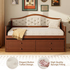 Twin Daybed with Trundle, Twin Size Daybed with 2 Storage Drawers, Wooden Sofa Bed with Upholstered Button Tufted Backrest for Living Room, Bedroom, Guest Room,Walnut Daybeds