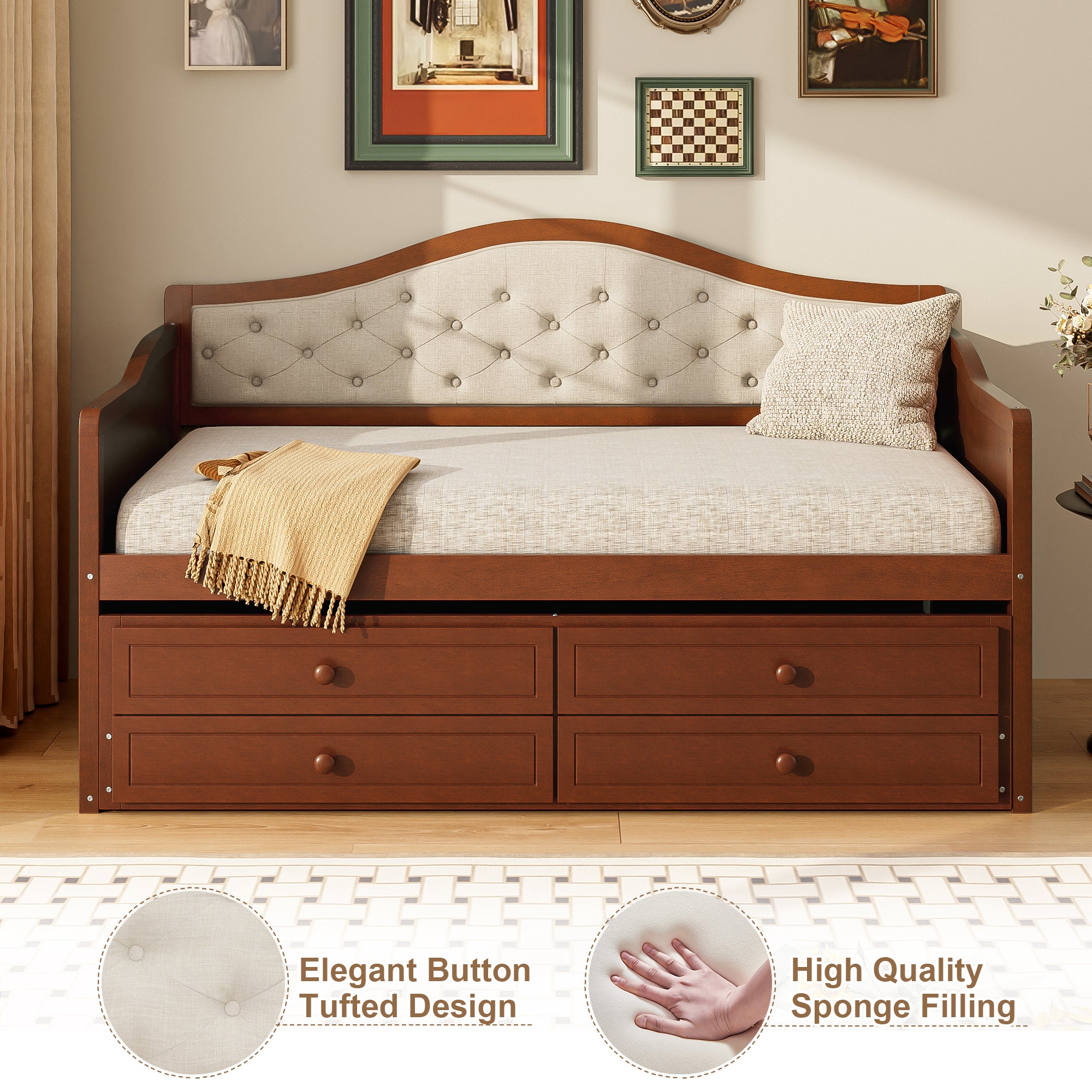 Twin Daybed with Trundle, Twin Size Daybed with 2 Storage Drawers, Wooden Sofa Bed with Upholstered Button Tufted Backrest for Living Room, Bedroom, Guest Room,Walnut Daybeds