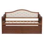 Twin Daybed with Trundle, Twin Size Daybed with 2 Storage Drawers, Wooden Sofa Bed with Upholstered Button Tufted Backrest for Living Room, Bedroom, Guest Room,Walnut Daybeds