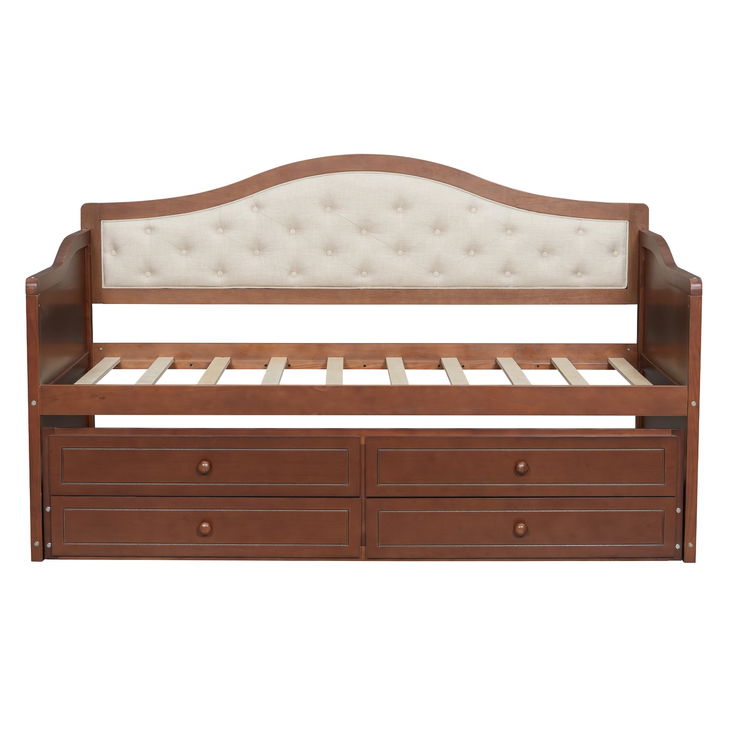 Twin Daybed with Trundle, Twin Size Daybed with 2 Storage Drawers, Wooden Sofa Bed with Upholstered Button Tufted Backrest for Living Room, Bedroom, Guest Room,Walnut Daybeds