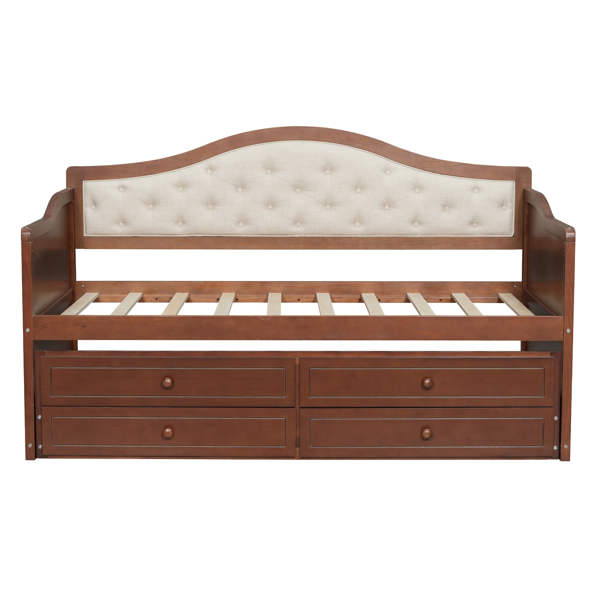 Twin Daybed with Trundle, Twin Size Daybed with 2 Storage Drawers, Wooden Sofa Bed with Upholstered Button Tufted Backrest for Living Room, Bedroom, Guest Room,Walnut Daybeds