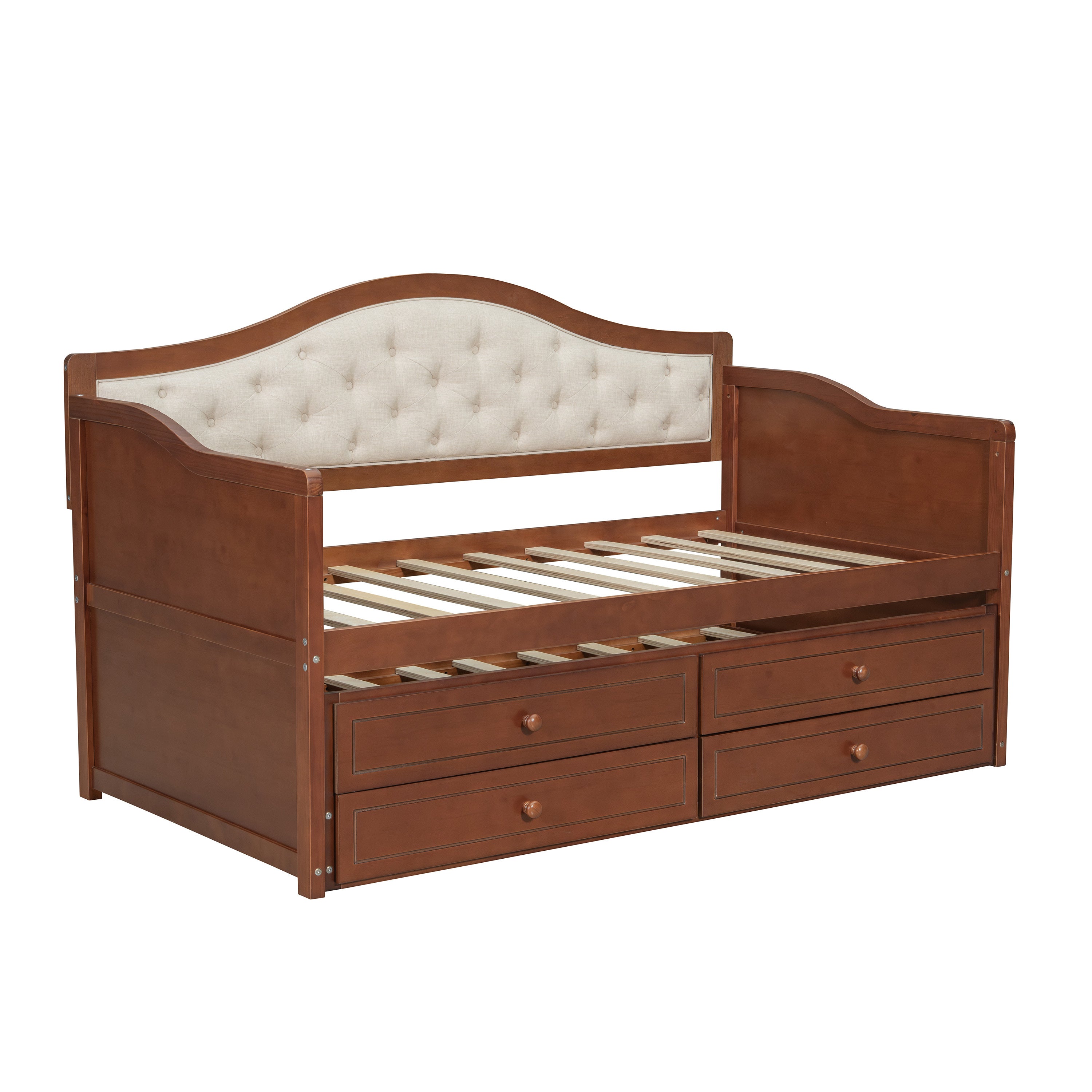 Twin Daybed with Trundle, Twin Size Daybed with 2 Storage Drawers, Wooden Sofa Bed with Upholstered Button Tufted Backrest for Living Room, Bedroom, Guest Room,Walnut Daybeds