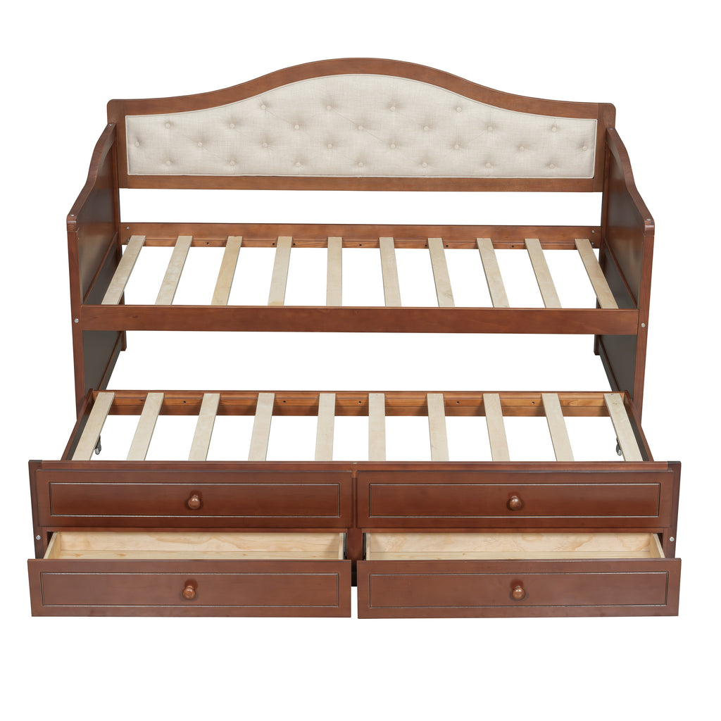 Twin Daybed with Trundle, Twin Size Daybed with 2 Storage Drawers, Wooden Sofa Bed with Upholstered Button Tufted Backrest for Living Room, Bedroom, Guest Room,Walnut Daybeds