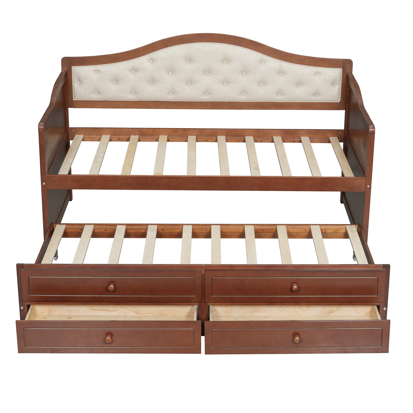 Twin Daybed with Trundle, Twin Size Daybed with 2 Storage Drawers, Wooden Sofa Bed with Upholstered Button Tufted Backrest for Living Room, Bedroom, Guest Room,Walnut Daybeds