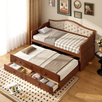 Twin Daybed with Trundle, Twin Size Daybed with 2 Storage Drawers, Wooden Sofa Bed with Upholstered Button Tufted Backrest for Living Room, Bedroom, Guest Room,Walnut Daybeds