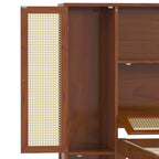 Twin Size Wooden Bed with Two Storage Lockers, Drawer, and Storage Shelf on Headboard, Multifunctional Platform Bed with Natural Rattan, Walnut