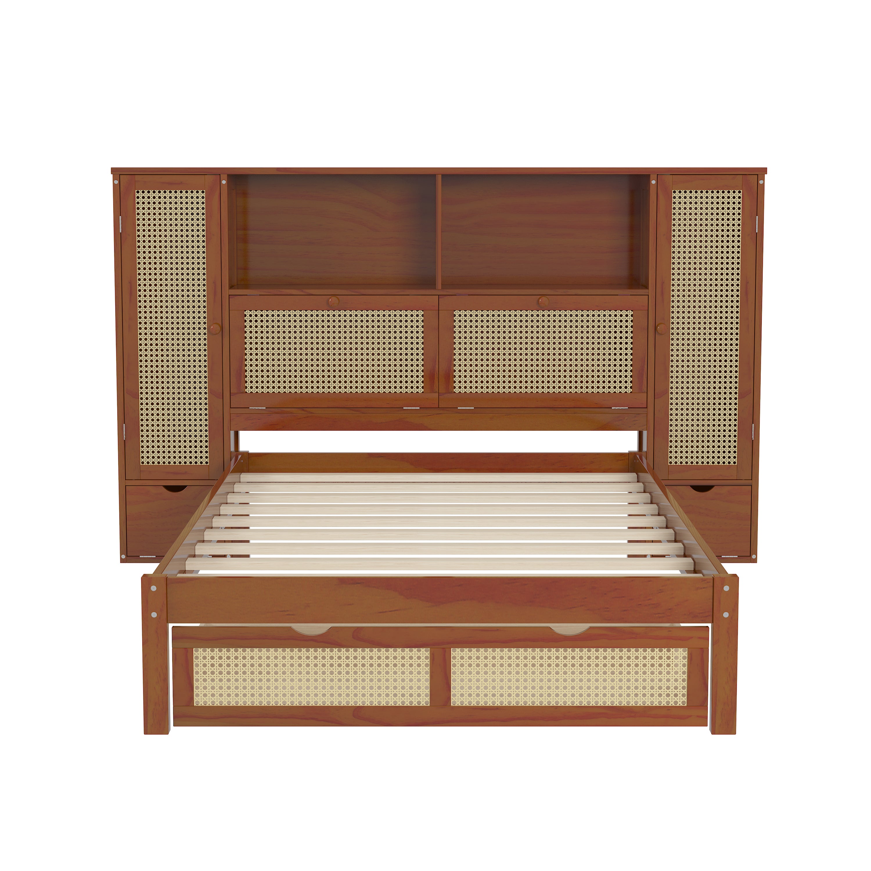 Twin Size Wooden Bed with Two Storage Lockers, Drawer, and Storage Shelf on Headboard, Multifunctional Platform Bed with Natural Rattan, Walnut