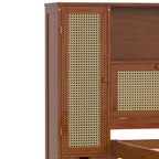 Twin Size Wooden Bed with Two Storage Lockers, Drawer, and Storage Shelf on Headboard, Multifunctional Platform Bed with Natural Rattan, Walnut