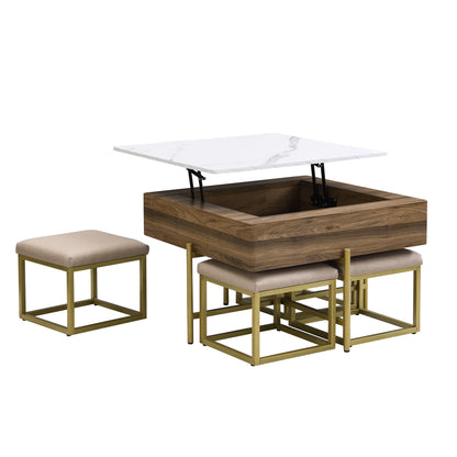 Modern Square Lift-Top Coffee Table Set with Storage & 4 Ottomans White & Walnut