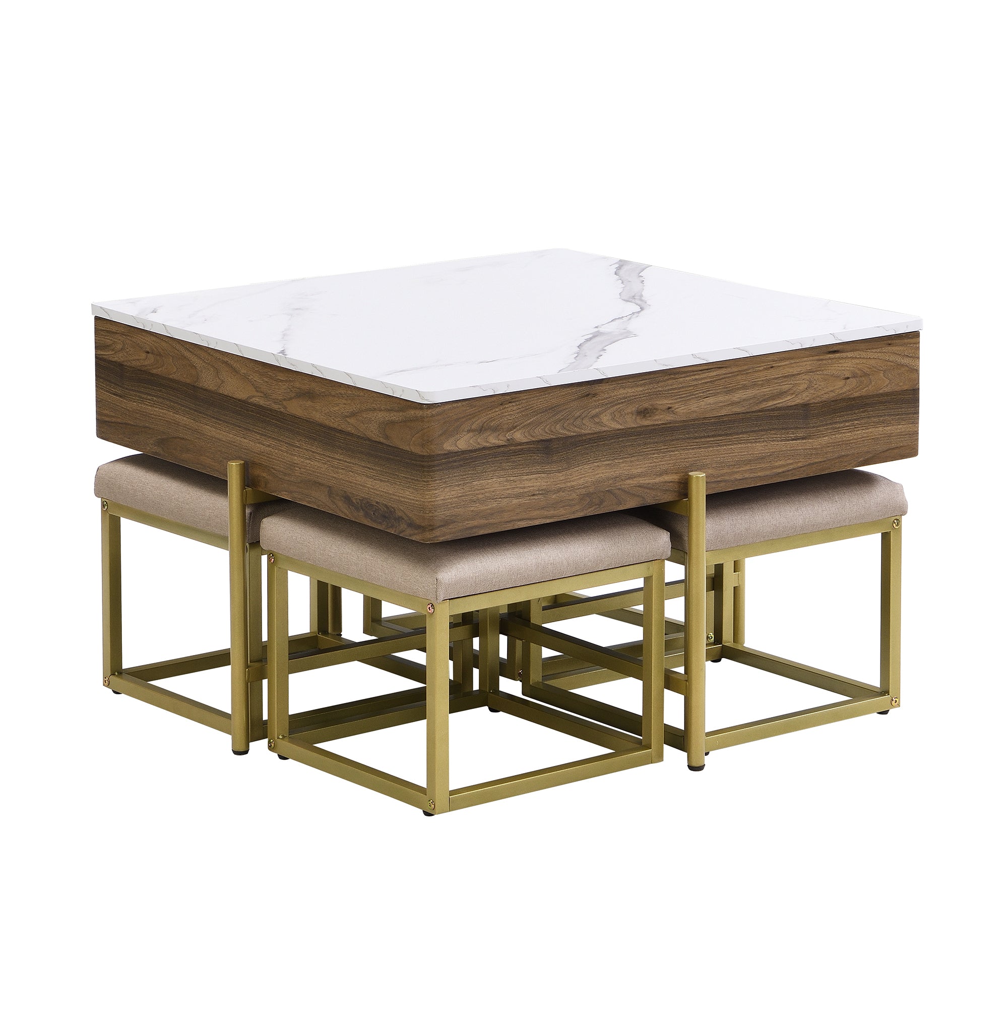 Modern Square Lift-Top Coffee Table Set with Storage & 4 Ottomans White & Walnut