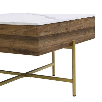Modern Square Lift-Top Coffee Table Set with Storage & 4 Ottomans White & Walnut