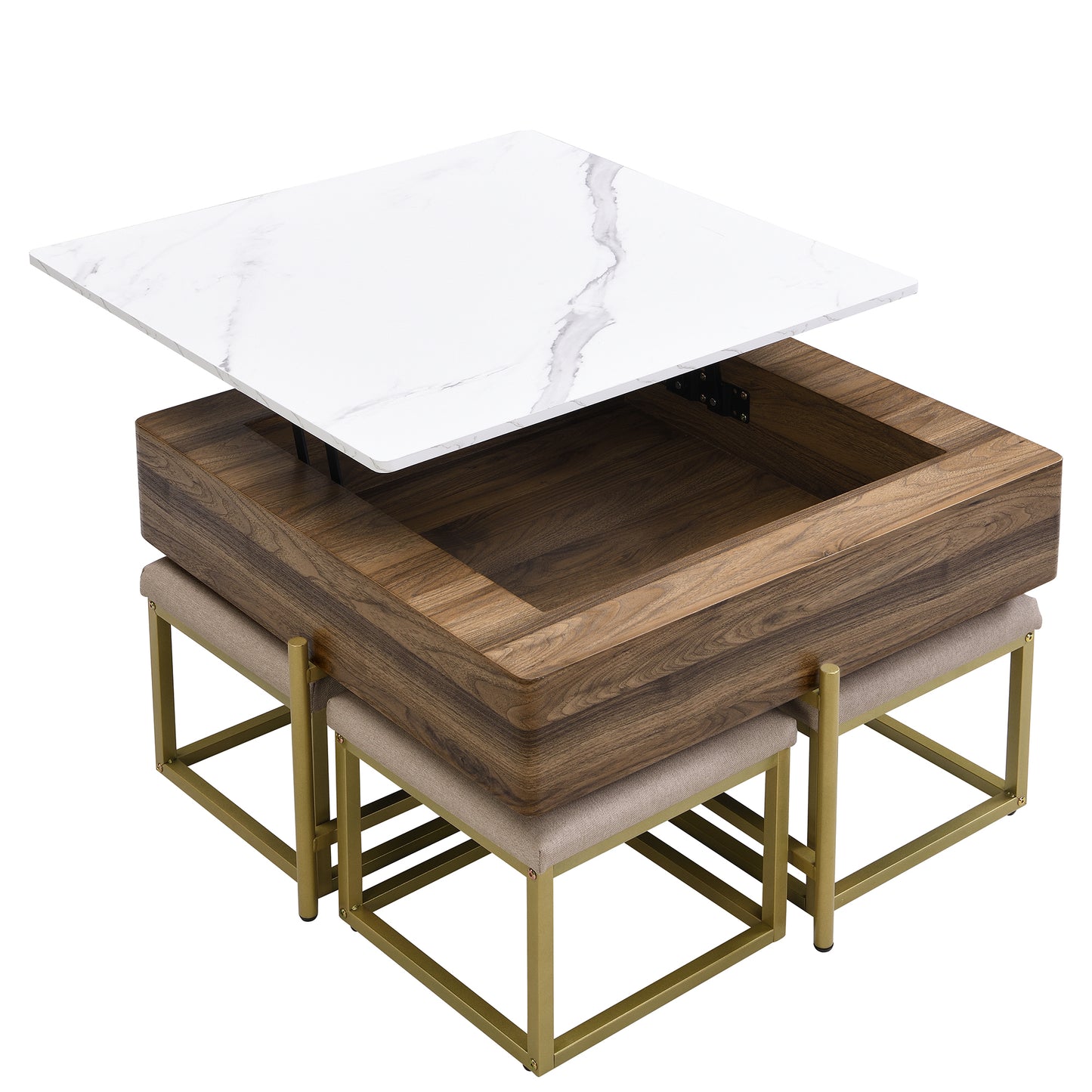 Modern Square Lift-Top Coffee Table Set with Storage & 4 Ottomans White & Walnut