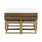 Modern Square Lift-Top Coffee Table Set with Storage & 4 Ottomans White & Walnut