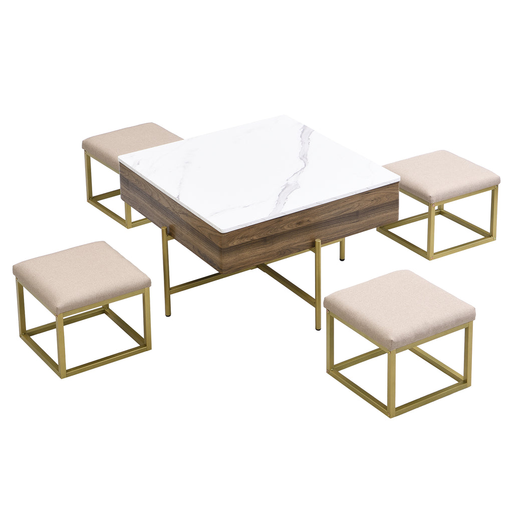 Modern Square Lift-Top Coffee Table Set with Storage & 4 Ottomans White & Walnut