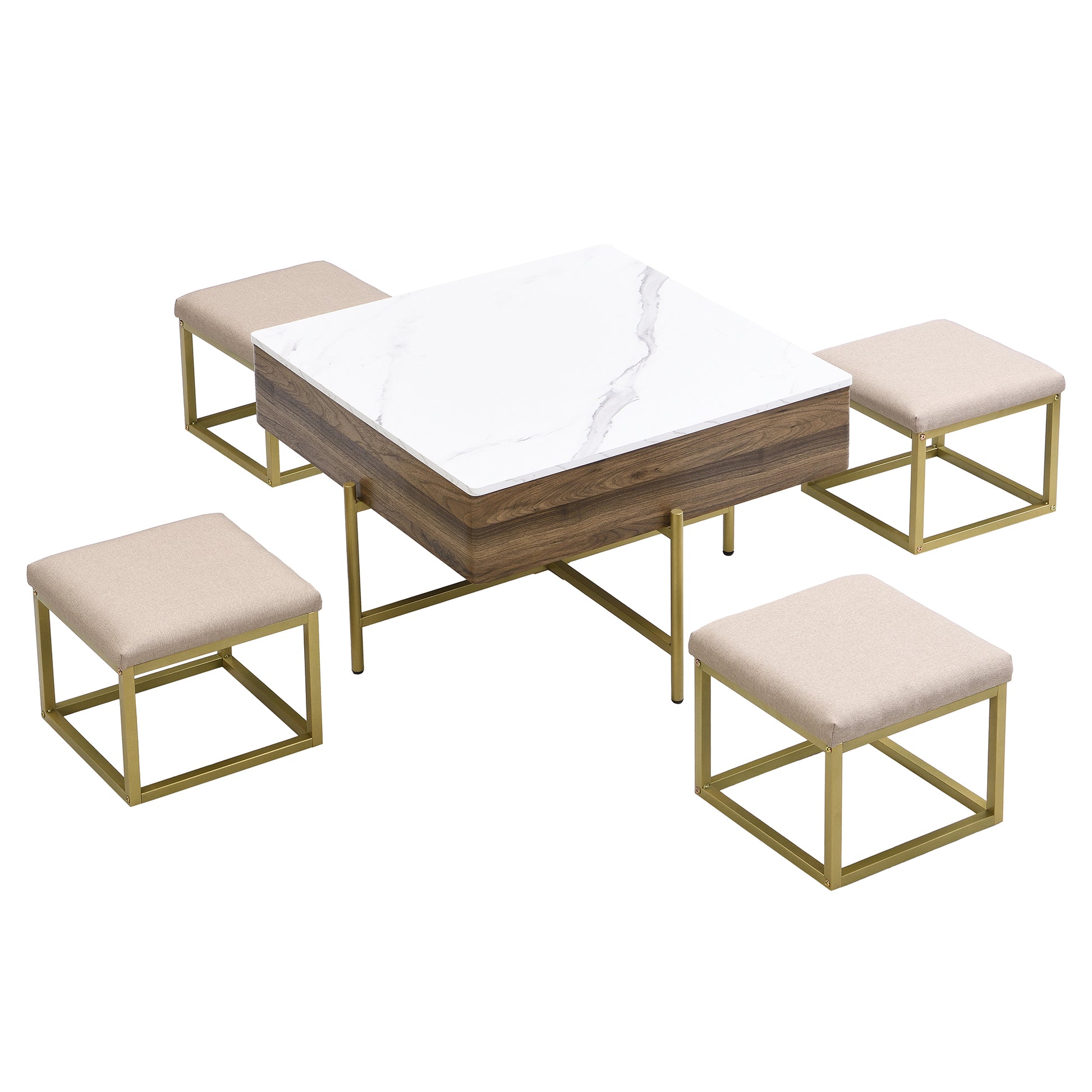 Modern Square Lift-Top Coffee Table Set with Storage & 4 Ottomans White & Walnut