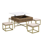 Modern Square Lift-Top Coffee Table Set with Storage & 4 Ottomans White & Walnut