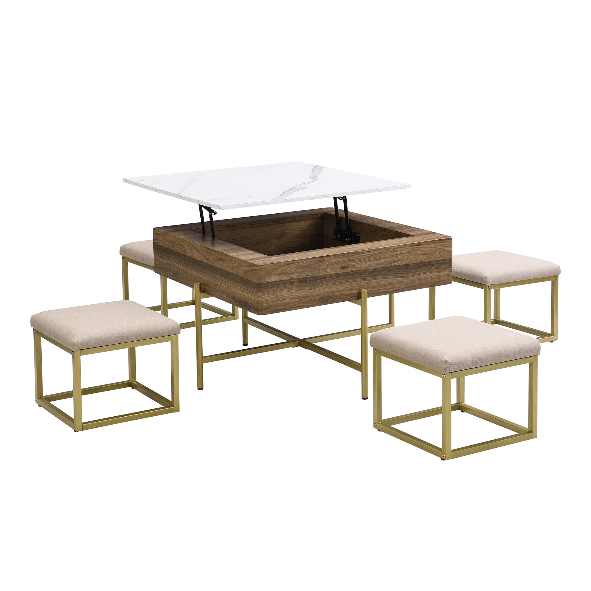 Modern Square Lift-Top Coffee Table Set with Storage & 4 Ottomans White & Walnut
