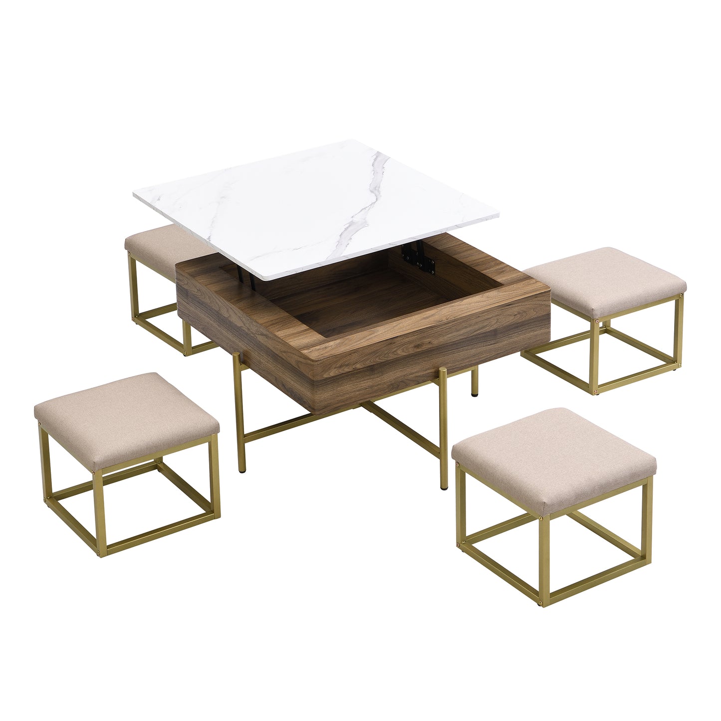Modern Square Lift-Top Coffee Table Set with Storage & 4 Ottomans White & Walnut