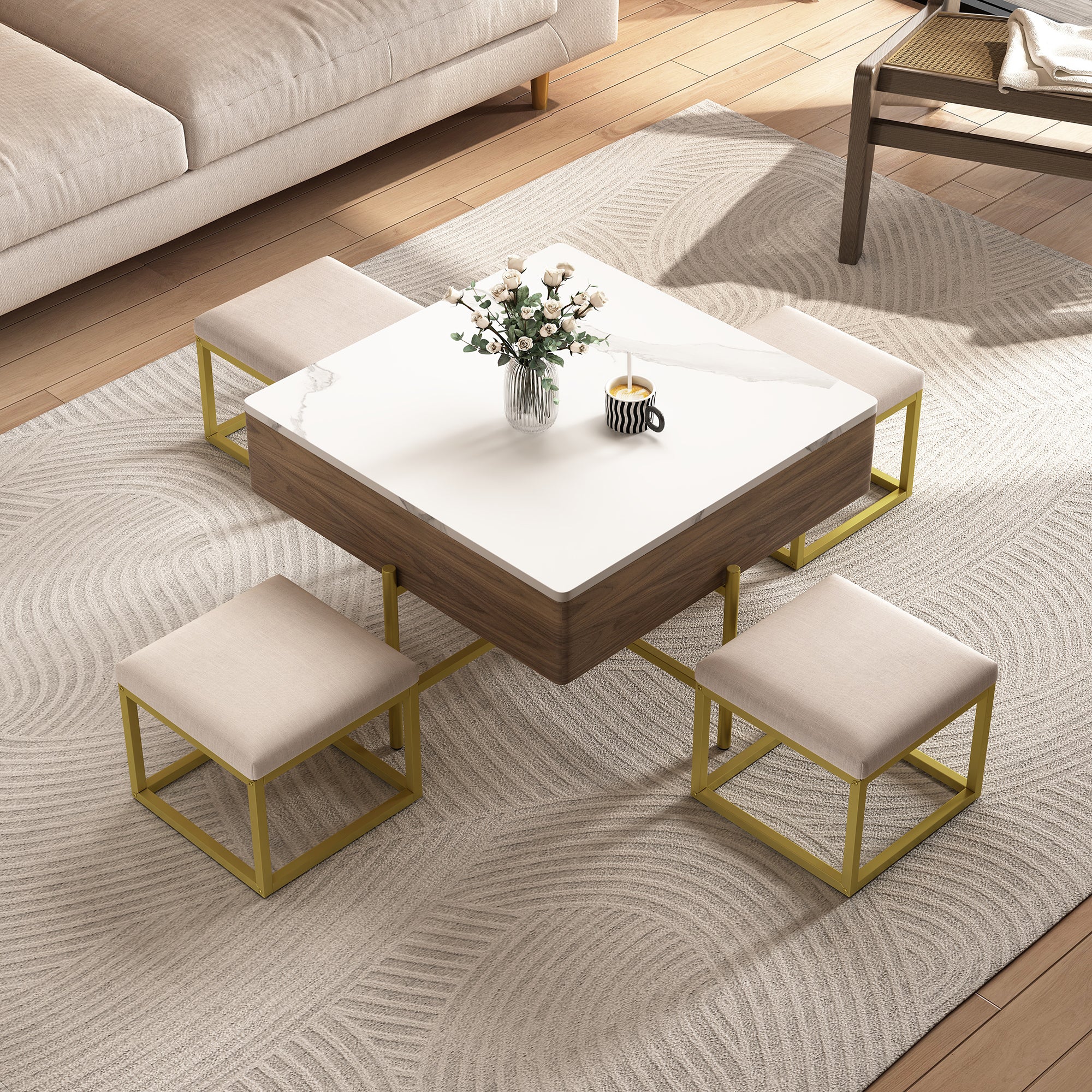 Modern Square Lift-Top Coffee Table Set with Storage & 4 Ottomans White & Walnut