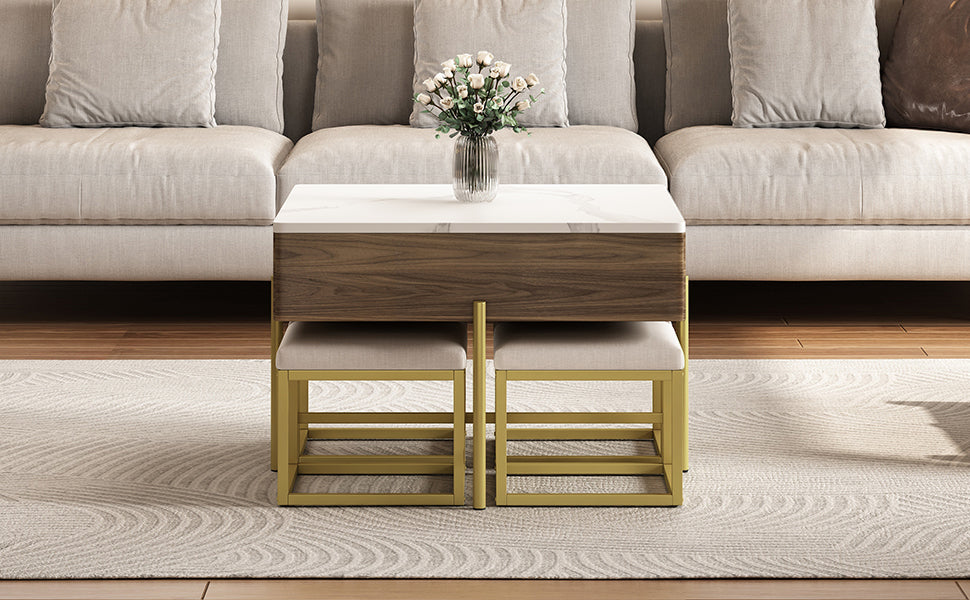 Modern Square Lift-Top Coffee Table Set with Storage & 4 Ottomans White & Walnut