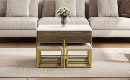 Modern Square Lift-Top Coffee Table Set with Storage & 4 Ottomans White & Walnut