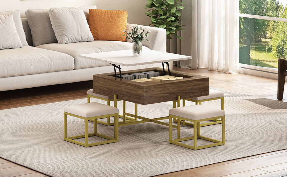 Modern Square Lift-Top Coffee Table Set with Storage & 4 Ottomans White & Walnut
