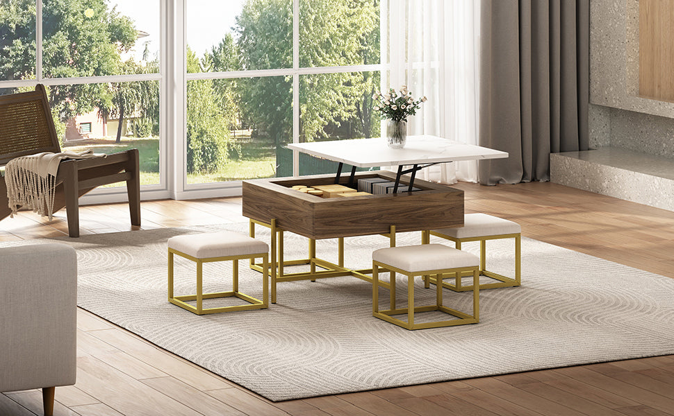 Modern Square Lift-Top Coffee Table Set with Storage & 4 Ottomans White & Walnut