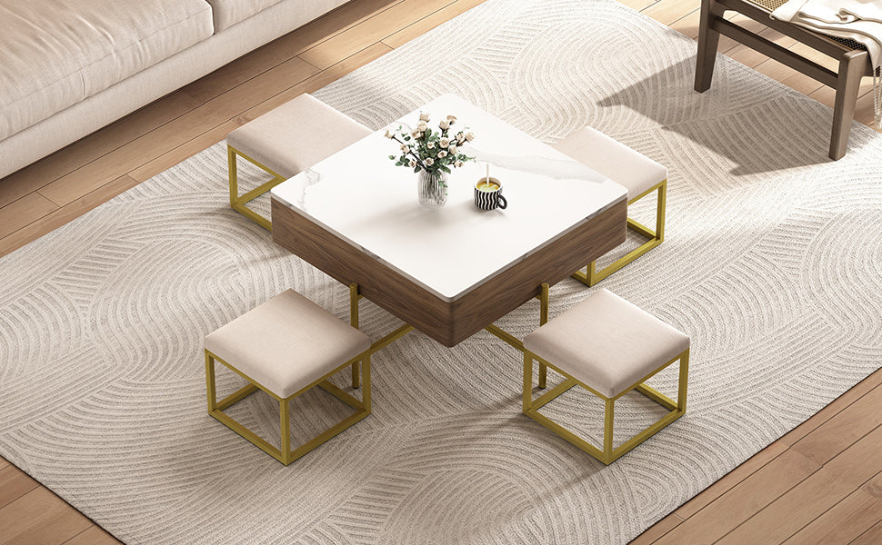 Modern Square Lift-Top Coffee Table Set with Storage & 4 Ottomans White & Walnut