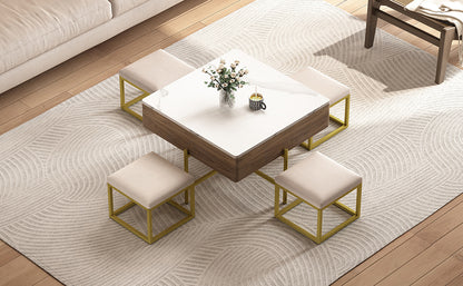 Modern Square Lift-Top Coffee Table Set with Storage & 4 Ottomans White & Walnut