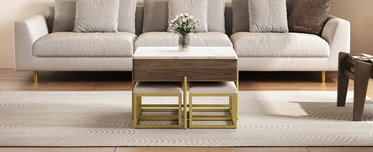 Modern Square Lift-Top Coffee Table Set with Storage & 4 Ottomans White & Walnut