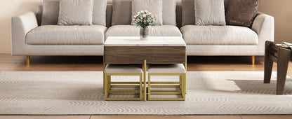 Modern Square Lift-Top Coffee Table Set with Storage & 4 Ottomans White & Walnut