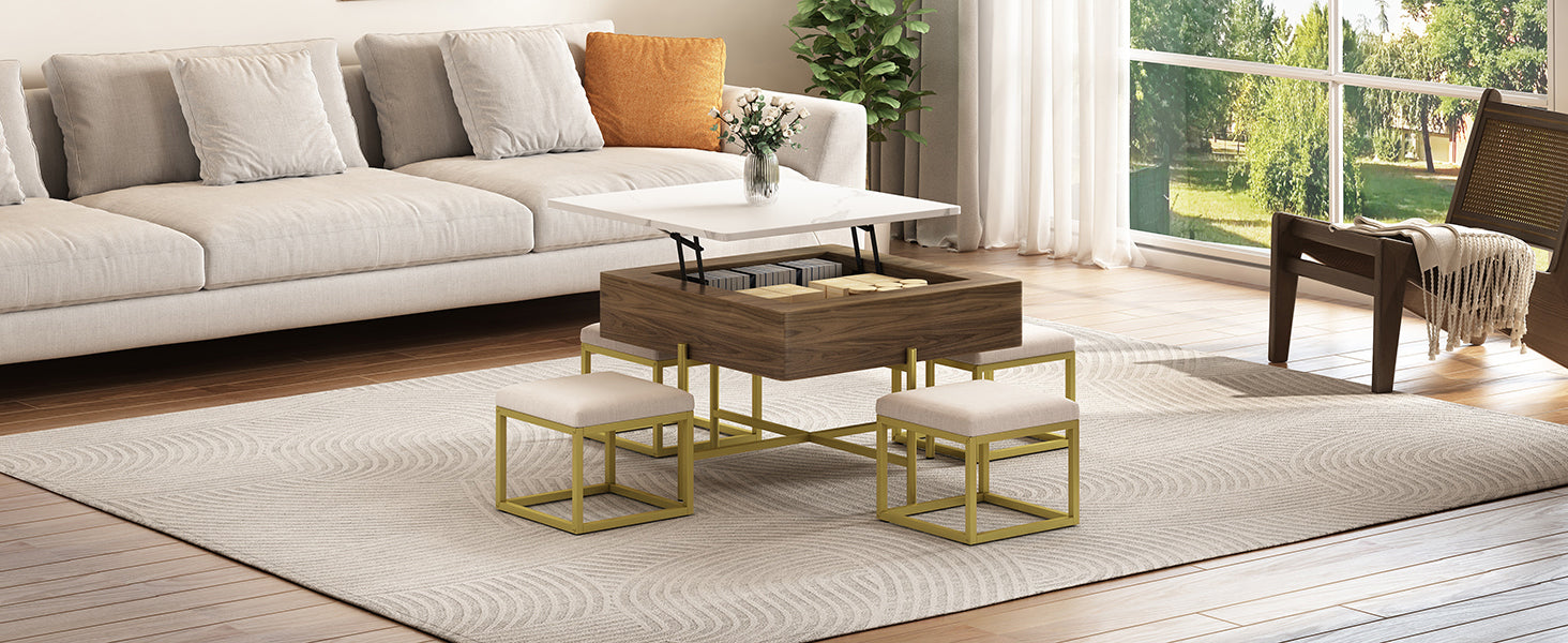 Modern Square Lift-Top Coffee Table Set with Storage & 4 Ottomans White & Walnut