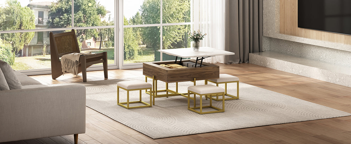 Modern Square Lift-Top Coffee Table Set with Storage & 4 Ottomans White & Walnut