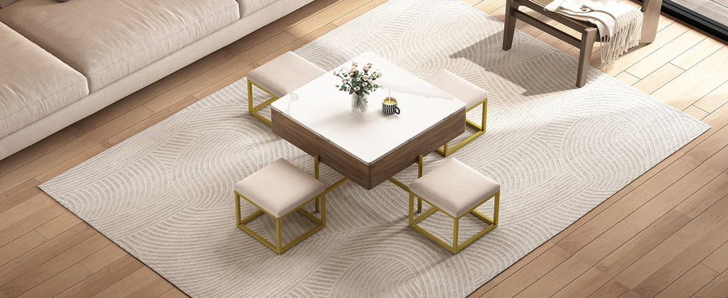 Modern Square Lift-Top Coffee Table Set with Storage & 4 Ottomans White & Walnut