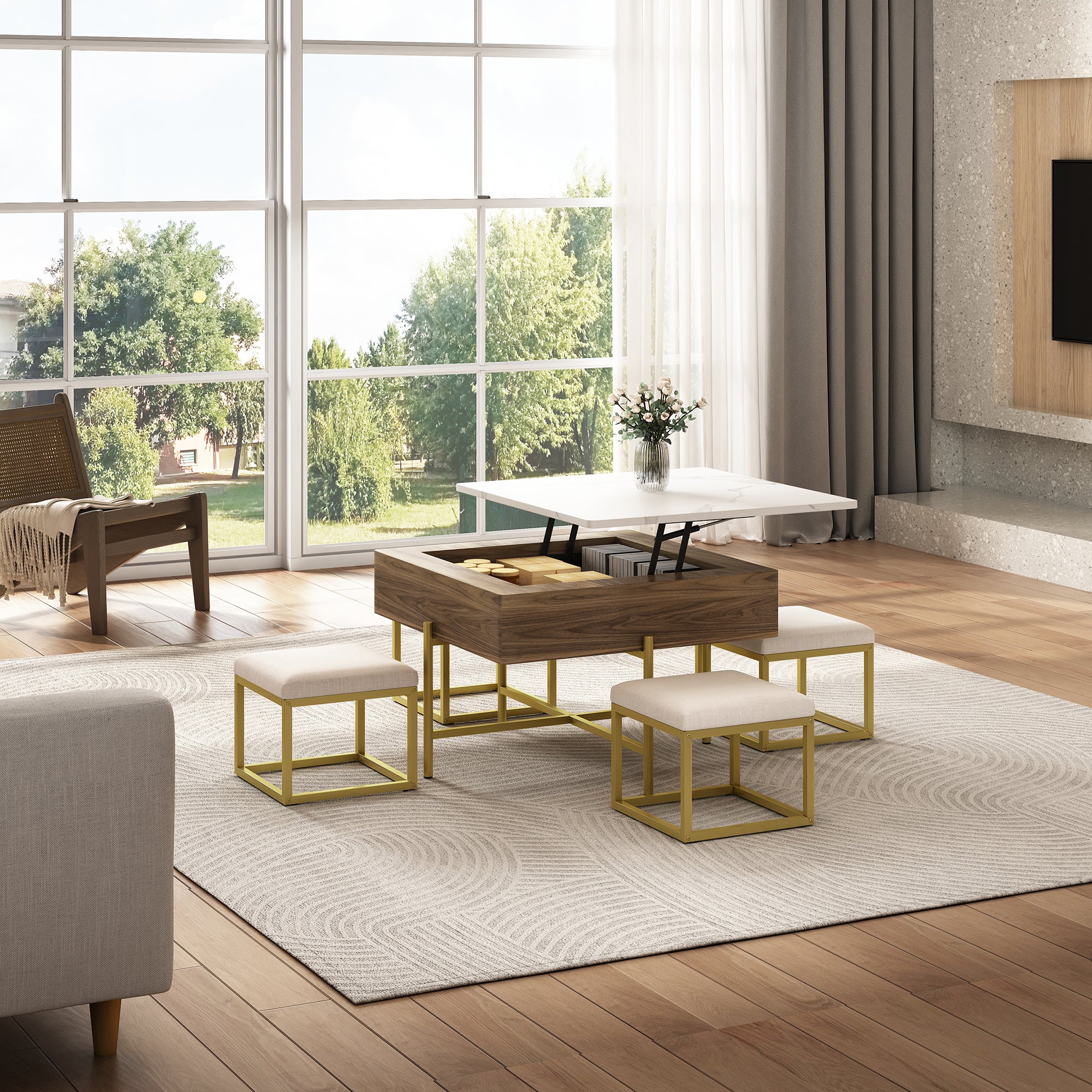 Modern Square Lift-Top Coffee Table Set with Storage & 4 Ottomans White & Walnut