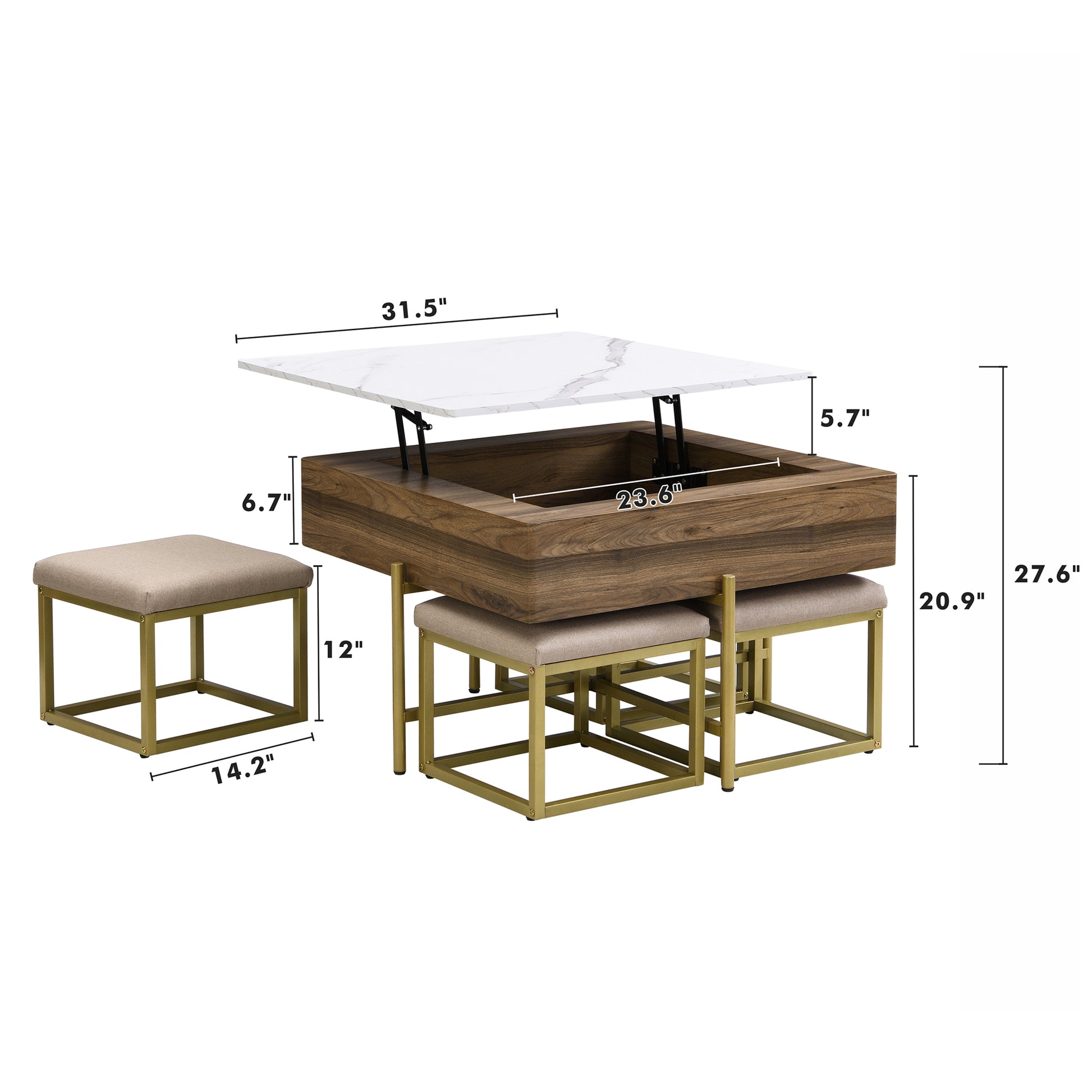 Modern Square Lift-Top Coffee Table Set with Storage & 4 Ottomans White & Walnut