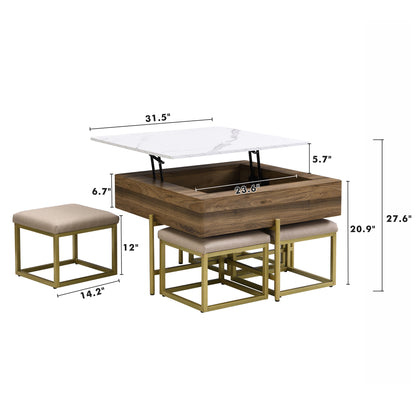 Modern Square Lift-Top Coffee Table Set with Storage & 4 Ottomans White & Walnut