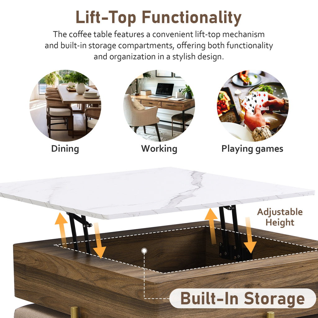 Modern Square Lift-Top Coffee Table Set with Storage & 4 Ottomans White & Walnut