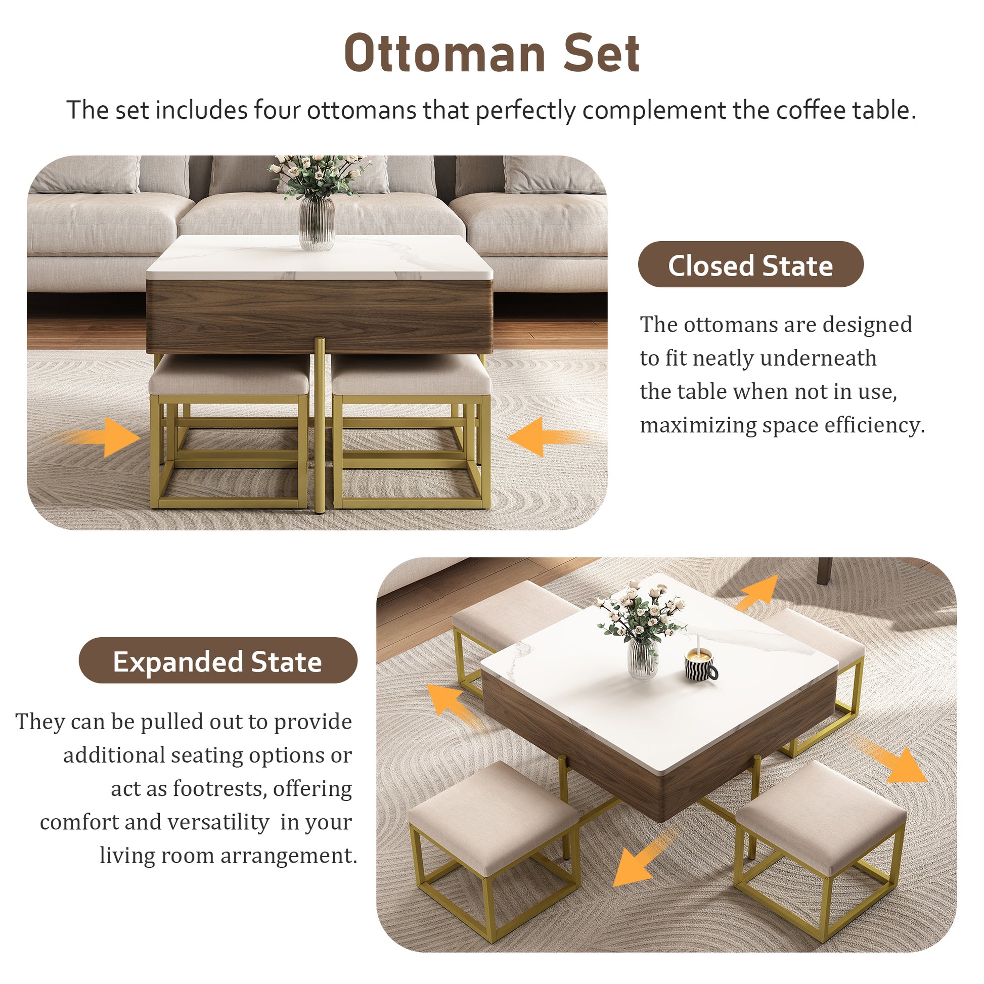 Modern Square Lift-Top Coffee Table Set with Storage & 4 Ottomans White & Walnut