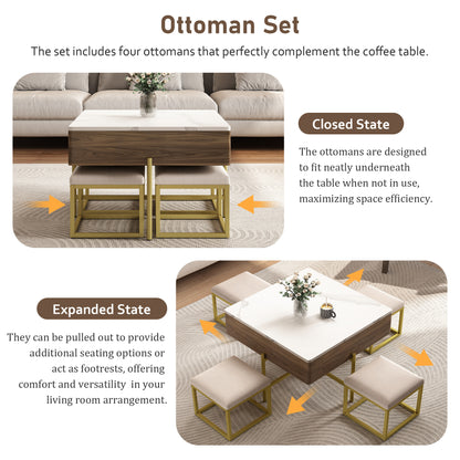 Modern Square Lift-Top Coffee Table Set with Storage & 4 Ottomans White & Walnut