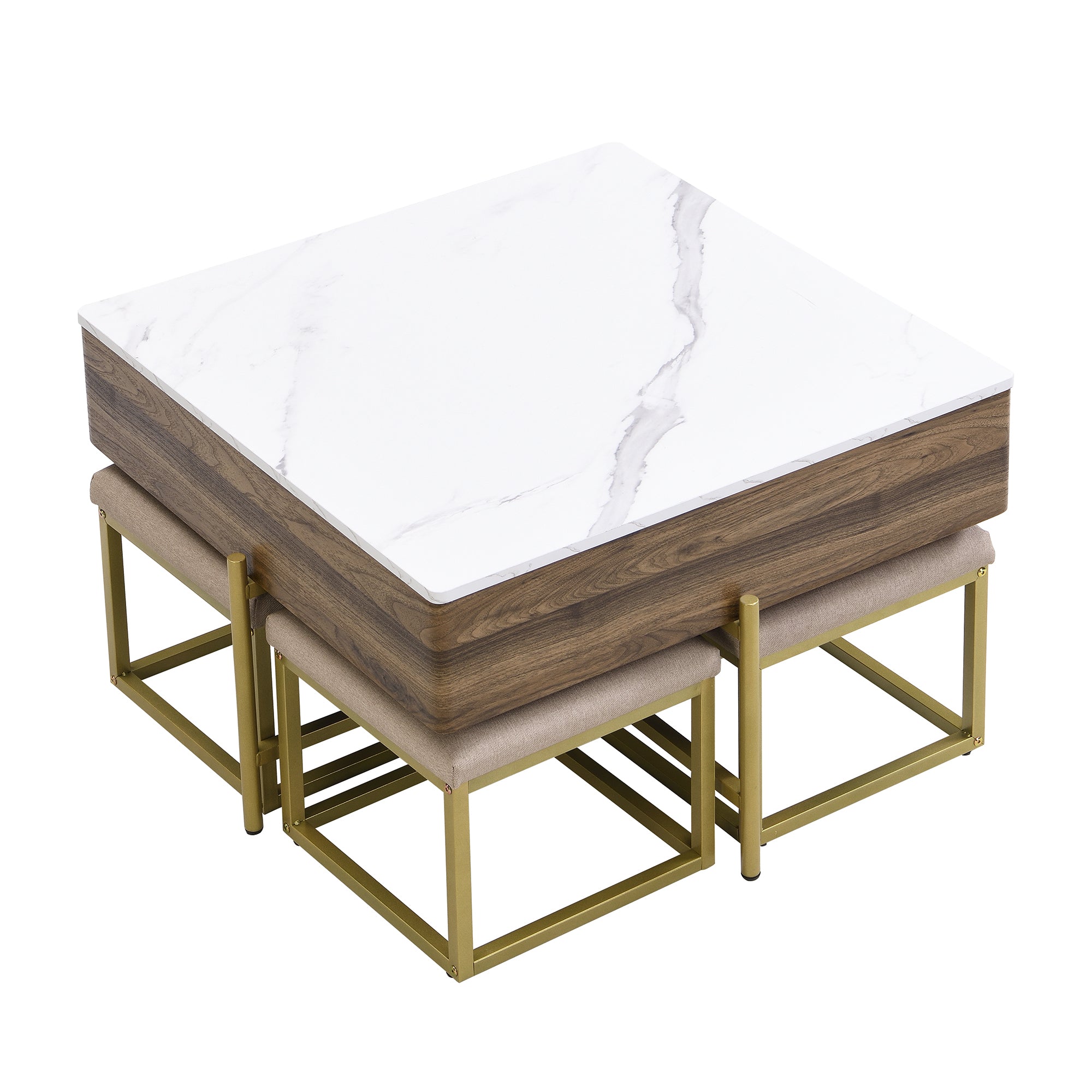 Modern Square Lift-Top Coffee Table Set with Storage & 4 Ottomans White & Walnut