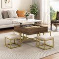 Modern Square Lift-Top Coffee Table Set with Storage & 4 Ottomans White & Walnut