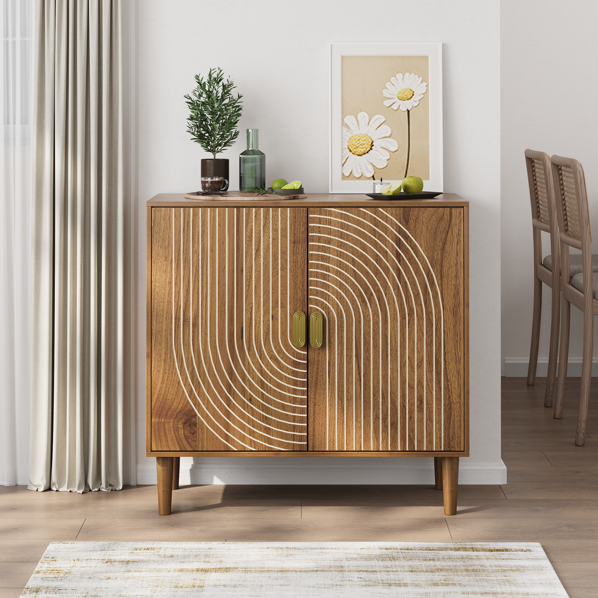 Walnut Wood Buffet Cabinet with Line Groove Design,Sideboard Buffet Cabinet With Storage,Multifunctional Accent Cabinet for Living Room,Entryway,Hallway,Office,Kitchen