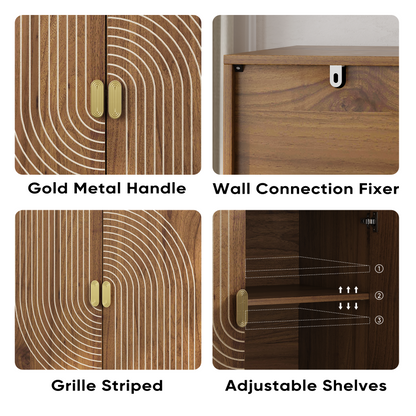 Walnut Wood Buffet Cabinet with Line Groove Design,Sideboard Buffet Cabinet With Storage,Multifunctional Accent Cabinet for Living Room,Entryway,Hallway,Office,Kitchen